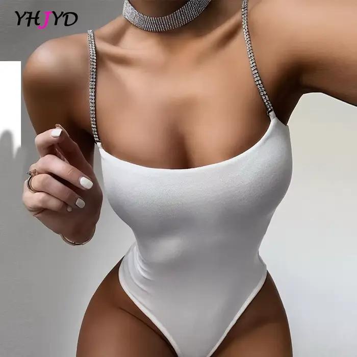 Body Sexy pour femmes, noir et blanc, strass, bretelles Spaghetti, jambes hautes, sans manches, hauts d'été, tenues de fête élégantes