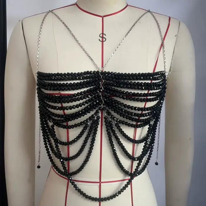 Style européen noir multicouche perlé hauts de soutien-gorge chaîne de corps Camis boîte de nuit Costume de danse Sexy dos nu poitrine corps chaîne hauts