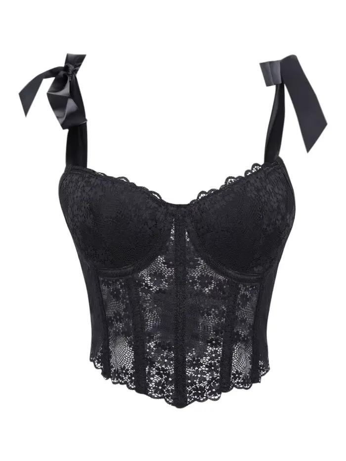 Corset en dentelle transparente à baleines pour femme, bustier rembourré à lacets, haut moulant élégant