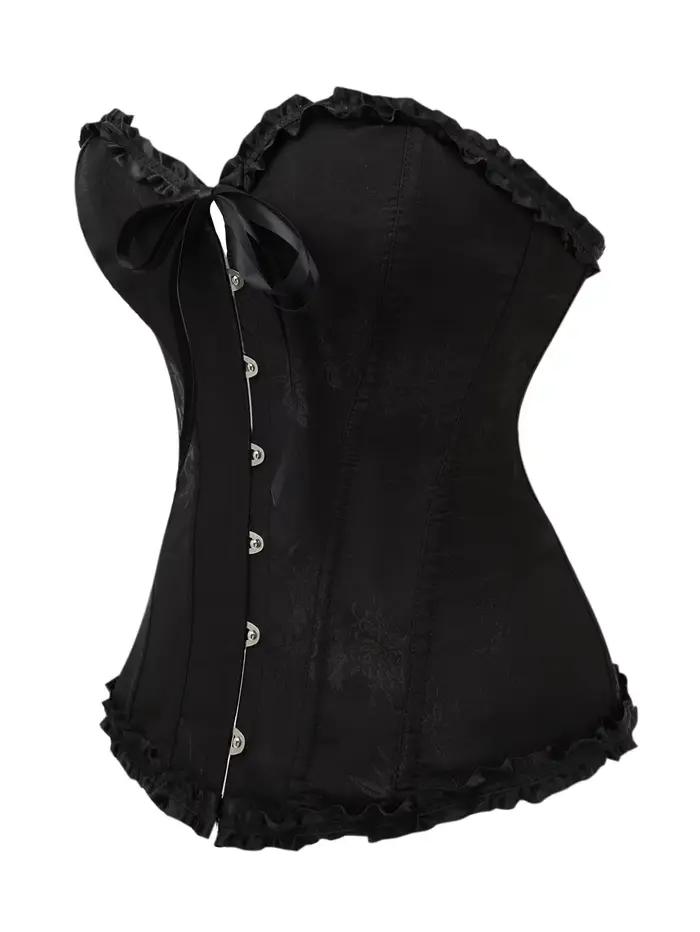 Corset élégant noir en jacquard avec volants, boucle avant et liens arrière, idéal pour les soirées, corset sculptant