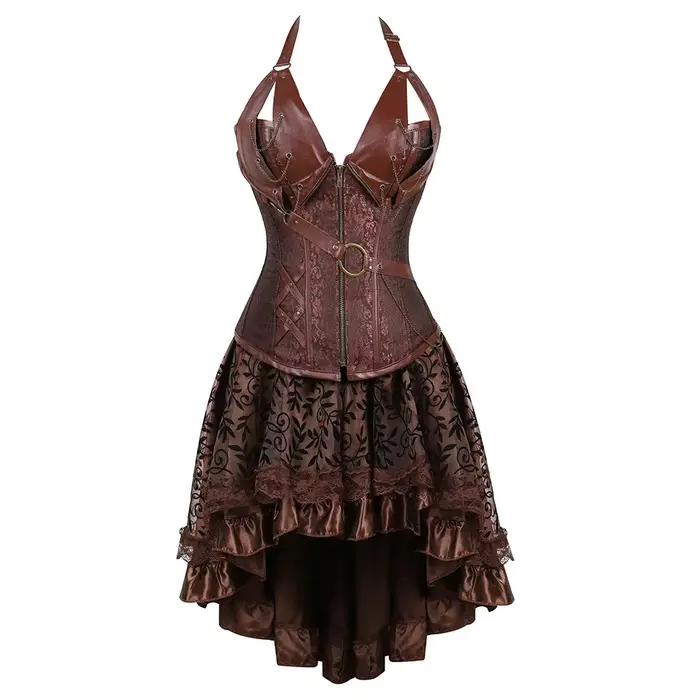 Hnedá pirátska korzetová šaty Steampunk z kože