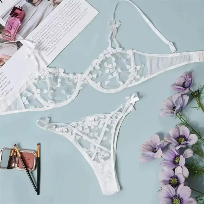 Ensemble de soutien-gorge en dentelle brodée de cœur pour femmes, 2 pièces, soutien-gorge transparent, culotte, lingerie, sous-vêtements sexy pour dames, 2023