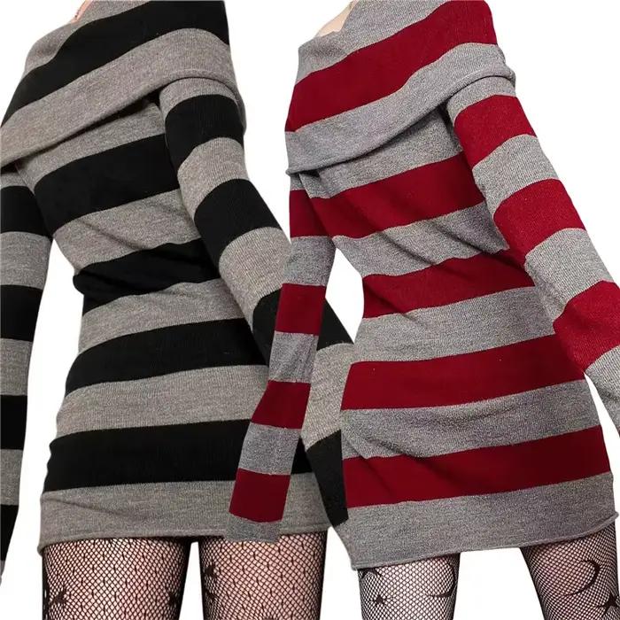 Y2K Pruhované Mini Šaty Mall Goth Grunge Emo Priliehavé Elegantné Pre Ženy S Odhalenými Ramenami Dlhé Rukávy Slim Fit