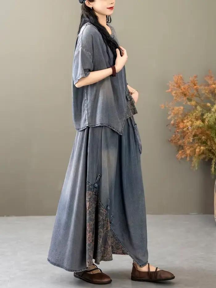Letné dámske čínske 2-dielne súpravy ležérne potlačené Denim luxusné Vintage topy g