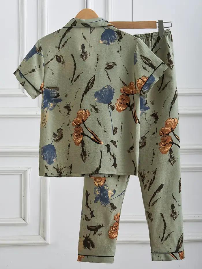 Pyjama rétro vert à fleurs pour femmes, vêtements de nuit décontractés à manches courtes et pantalon long, ensemble confortable pour le printemps et l'été