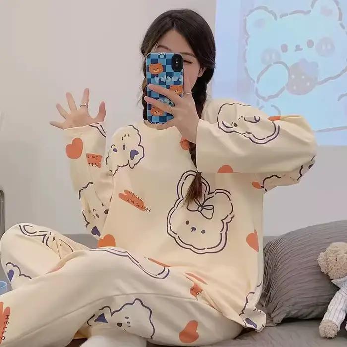 Pyjama coréen pour étudiants, 2 pièces, femme, Cinnamoroll, printemps et automne, doux et mignon, col rond, manches longues, ensemble de vêtements d'anime pour la maison