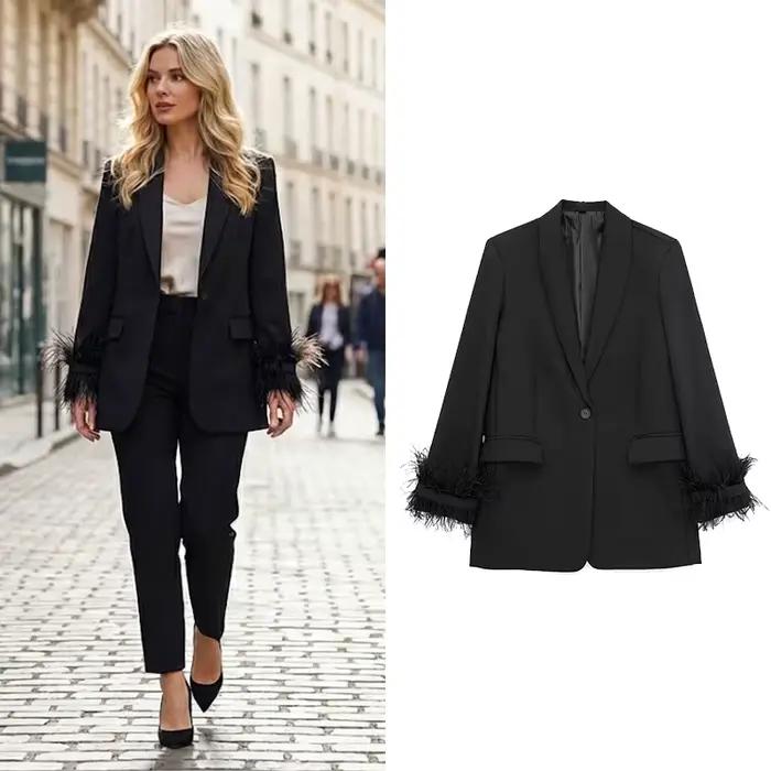 Willshela dámsky módny saténový čierny s perím Blazer sako Vintage výstrih s chlopňou jeden gombík dlhé rukávy dámske oblečenie