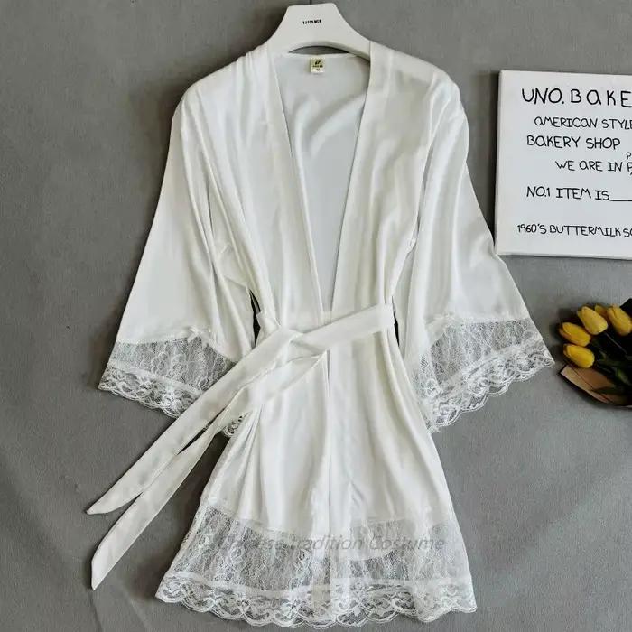 Robe de matin de mariée blanche, ourlet en dentelle, peignoir, Kimono, vêtements de nuit élégants, col en v, Lingerie intime en Satin