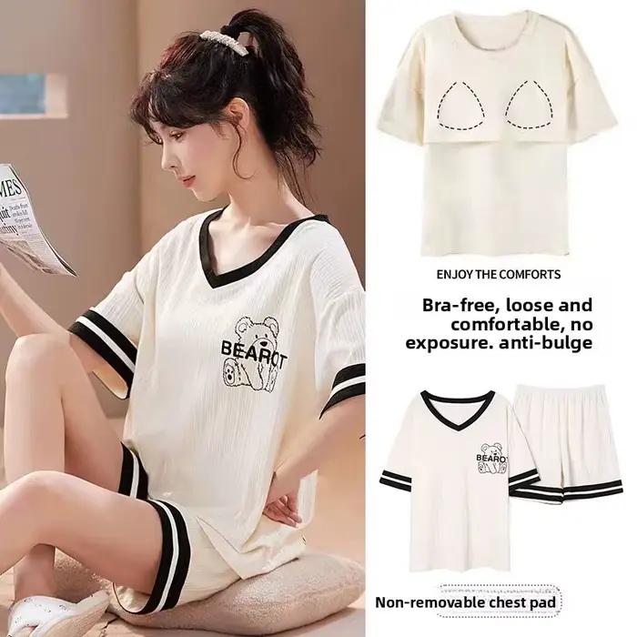 Pyjama avec coussinets de poitrine pour femmes, été, dessin animé, manches courtes, shorts, ours, vêtements de détente pour étudiants, ensemble 2 pièces, vêtements de nuit mignons, vêtements de maison