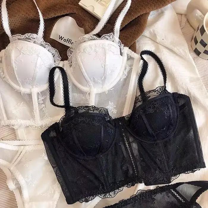 Soutien-gorge long en dentelle brodée demi-coupe style français rétro, ensemble lingerie sexy gainant galbant 32-38