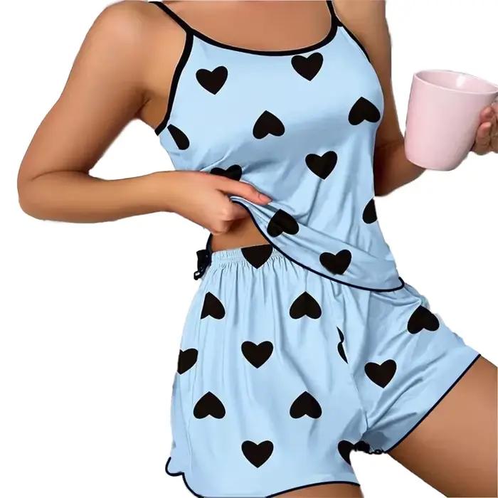 Ensemble de pyjama pour femmes, t-shirts et shorts, imprimé cœur rose, t-shirt à col rond, haut en soie glacée, confortable, décontracté, été 