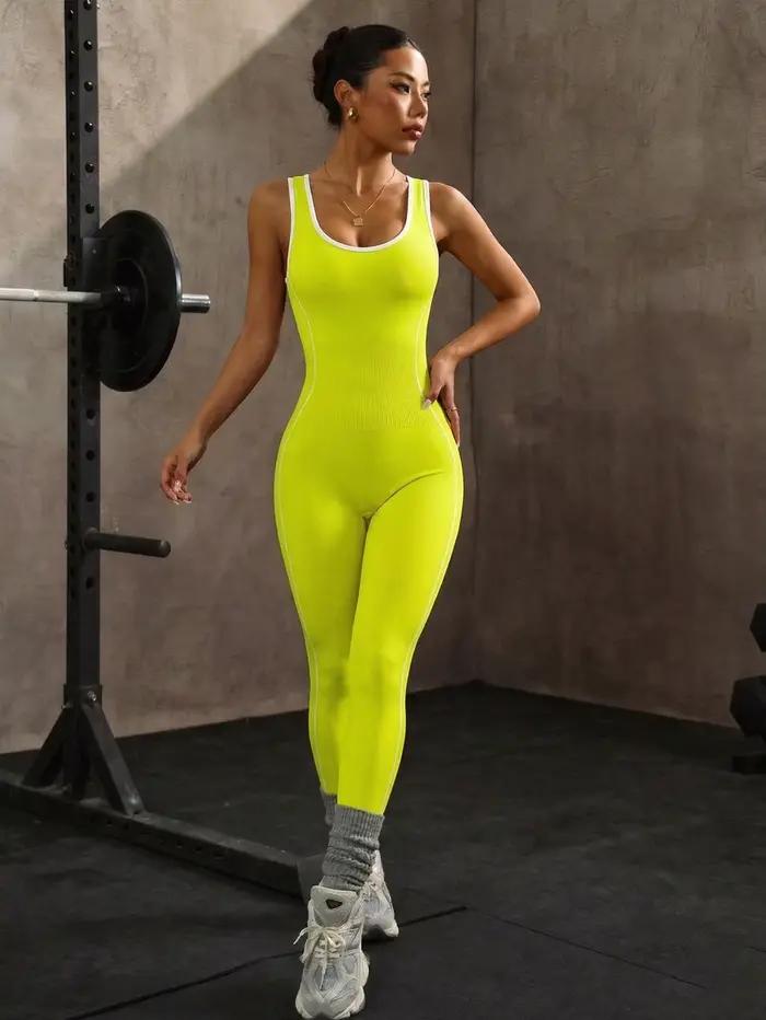 Combinaison de sport élastique color block dos nu sexy, effet push-up fessier, pour yoga