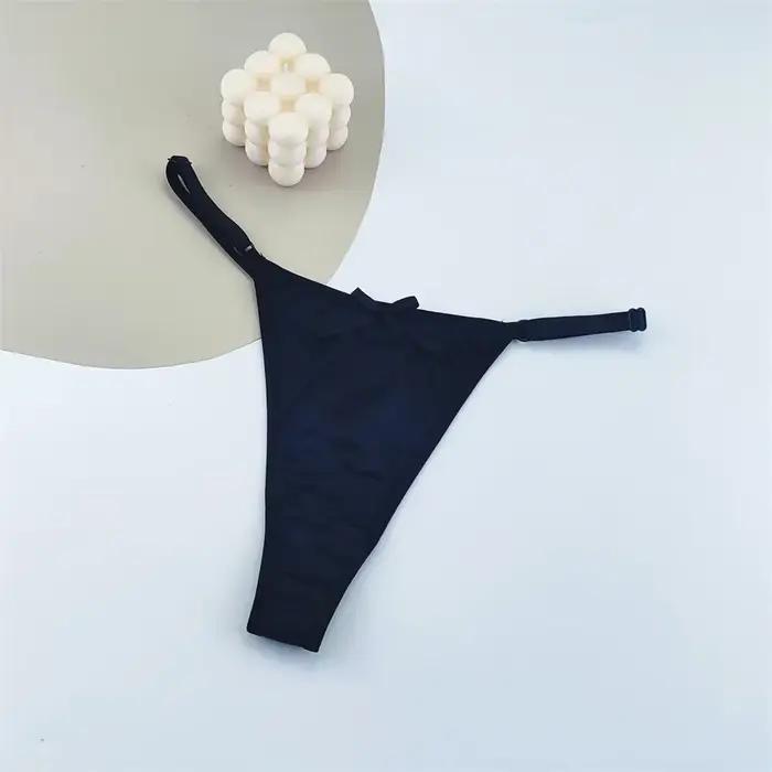 String en Satin réglable pour femmes, 3 pièces, sous-vêtements Sexy, taille basse, dos en T, fesses pêche, tentation, nœud Sexy, Lingerie