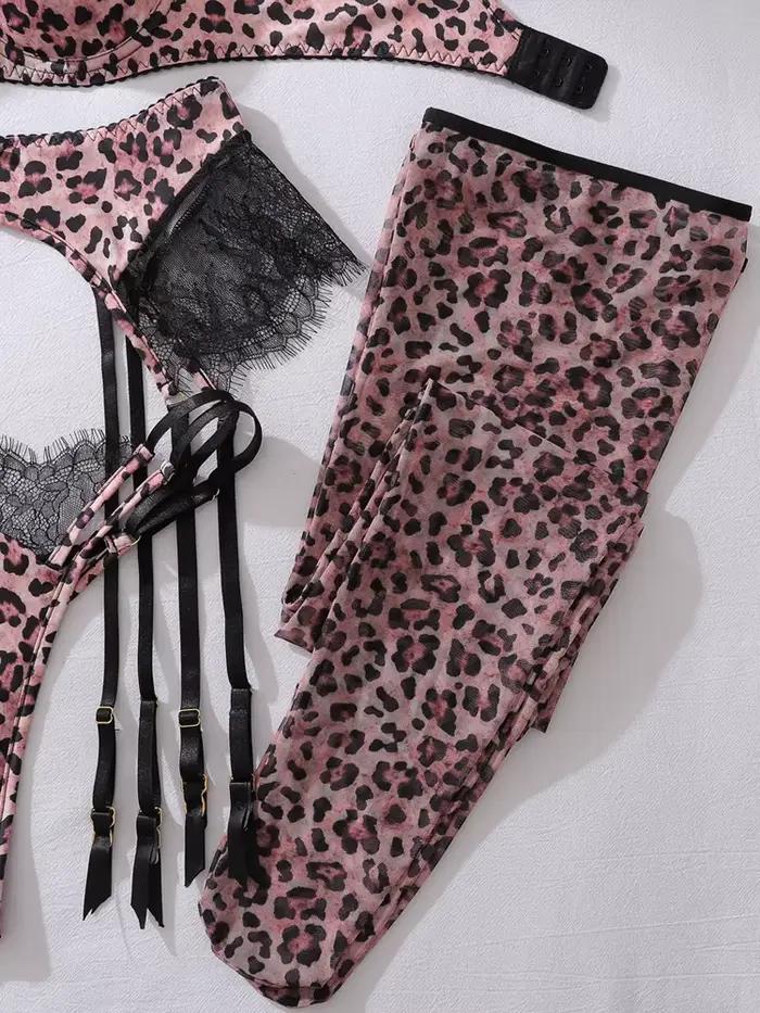 Ensemble de lingerie léopard Belamimi avec jarretelles et soutien-gorge, lingerie sexy en dentelle pour femme, tenue exotique sans censure