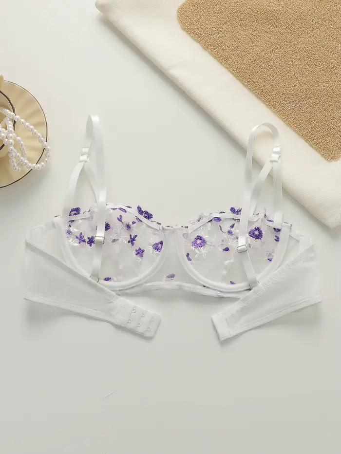 Soutien-gorge brodé de belles fleurs, sous-vêtements sexy transparents avec bretelles réglables MR2956