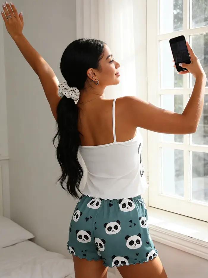 Pyjama femme col rond, débardeur à fines bretelles sans manches, short à volants, ensemble 2 pièces, imprimé panda mignon, printemps été automne, taille S