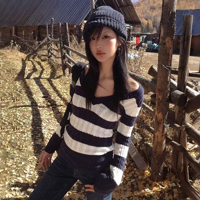 Japonský Karrram Y2k V-výstrih pruhovaný sveter Vintage Harajuku tenký úplet Korejský štýl zimné pleteniny 2000s estetika