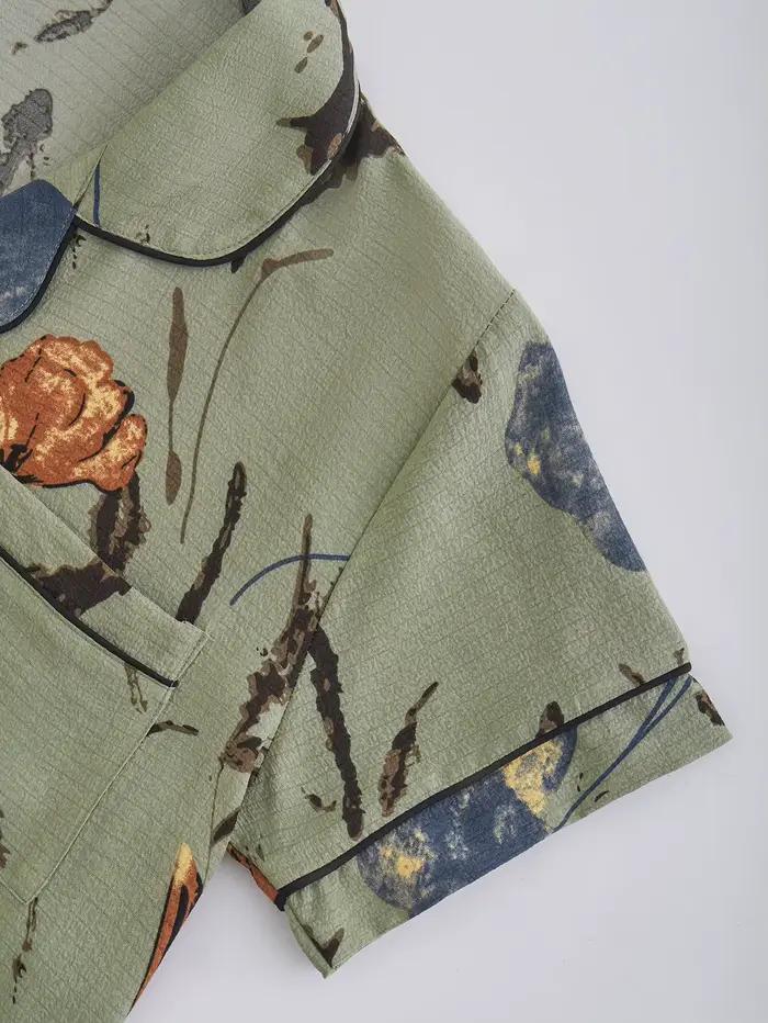 Pyjama rétro vert à fleurs pour femmes, vêtements de nuit décontractés à manches courtes et pantalon long, ensemble confortable pour le printemps et l'été