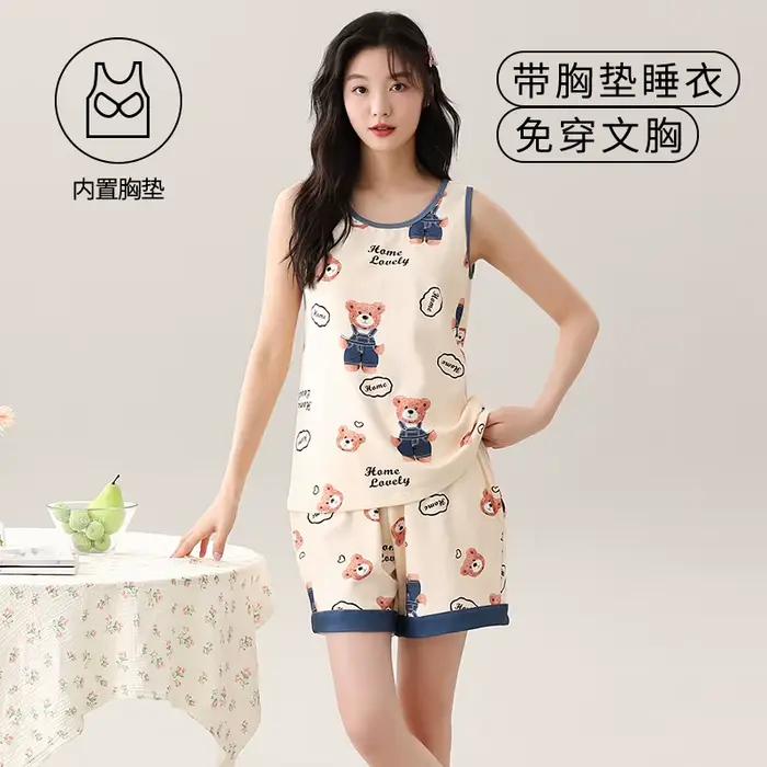 Ensembles de pyjama d'été pour femmes, vêtements de maison en coton tricoté, gilet de dessin animé mignon avec coussinet de poitrine
