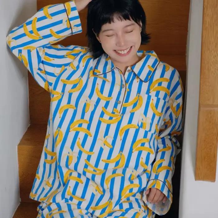 Rayé banane pyjama ensemble femmes mignon dessin animé fruits vêtements de nuit 100% coton à manches longues vêtements de détente 2 pièces automne Homewear Femme