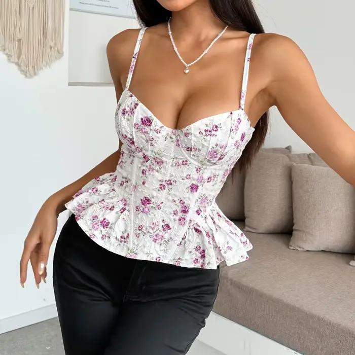 Débardeur corset français imprimé pour femme, à bretelles, coupe irrégulière, style streetwear, sexy, dos nu, à lacets, avec baleines, moulant