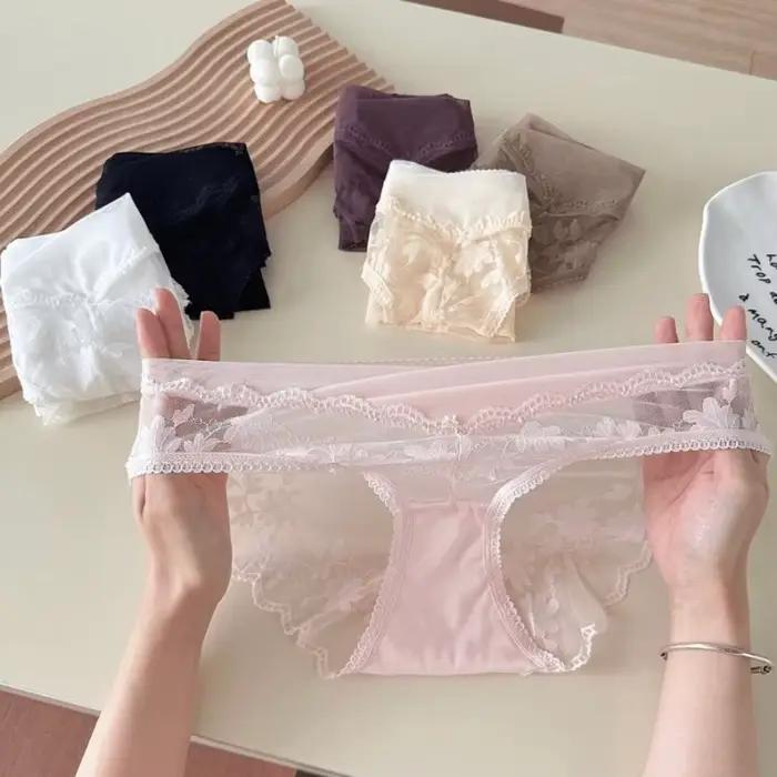 Culottes en dentelle à fleurs en maille, taille basse, respirantes, style français transparent pour femme