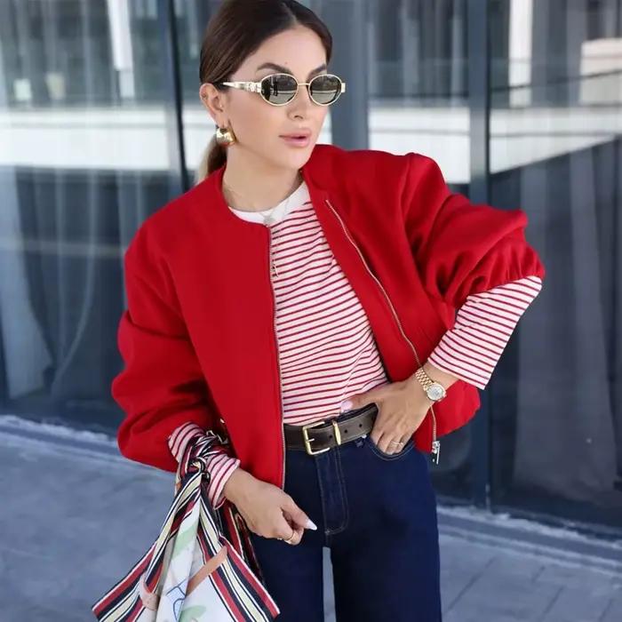 MUJER červená zipsová bomber bunda pre ženy mäkká skrátená