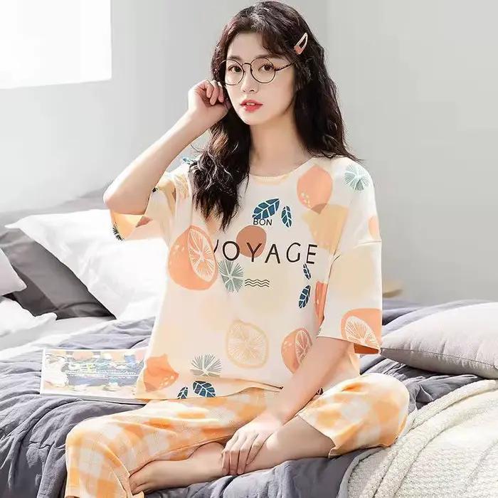 Pyjama d'été pour femmes : manches courtes, pantalon 3/4, pull-over, col rond, imprimé, style printemps/automne, ensemble de pyjama grande taille