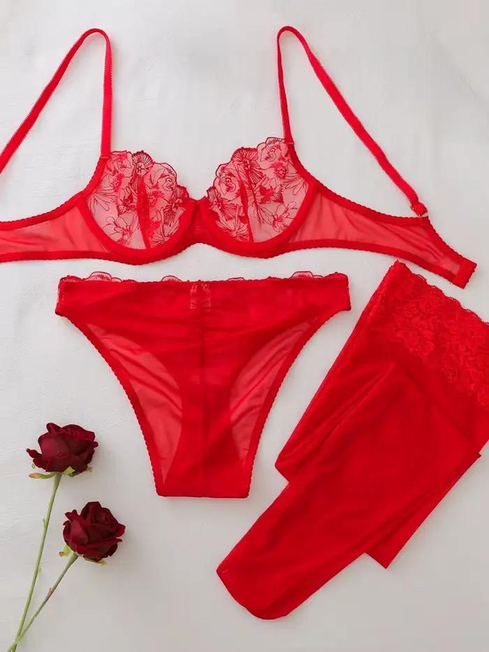 Ensemble de lingerie sexy 3 pièces en maille transparente brodée de luxe Belamimi avec bas, tenue de soirée pour femmes