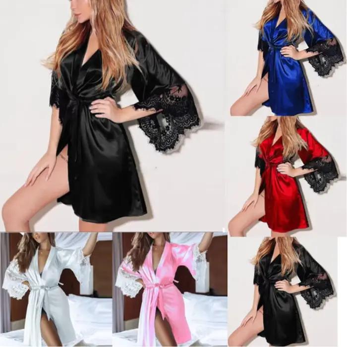 Femme Sexy Lingerie soyeuse Satin vêtements de nuit femmes Robe de nuit Robe avec G String dentelle florale peignoir Halt manches chemise de nuit
