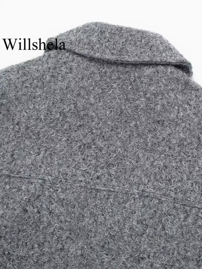 Willshela dámska módna bunda so sivými prednými vreckami na zips Vintage golier dlhé rukávy žena Štýlové oblečenie
