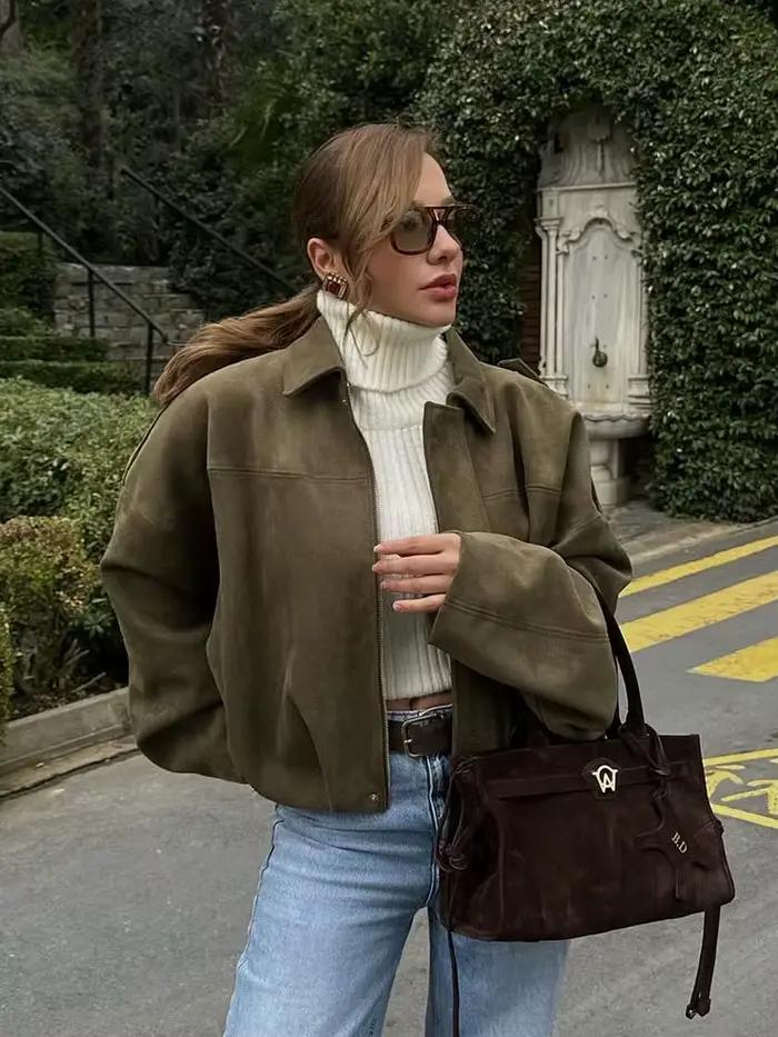 HH Dámska pouličná móda pevná voľná semišová textúra kabát ležérny dlhý rukáv netopier golier zips muška zima Vintage bundy