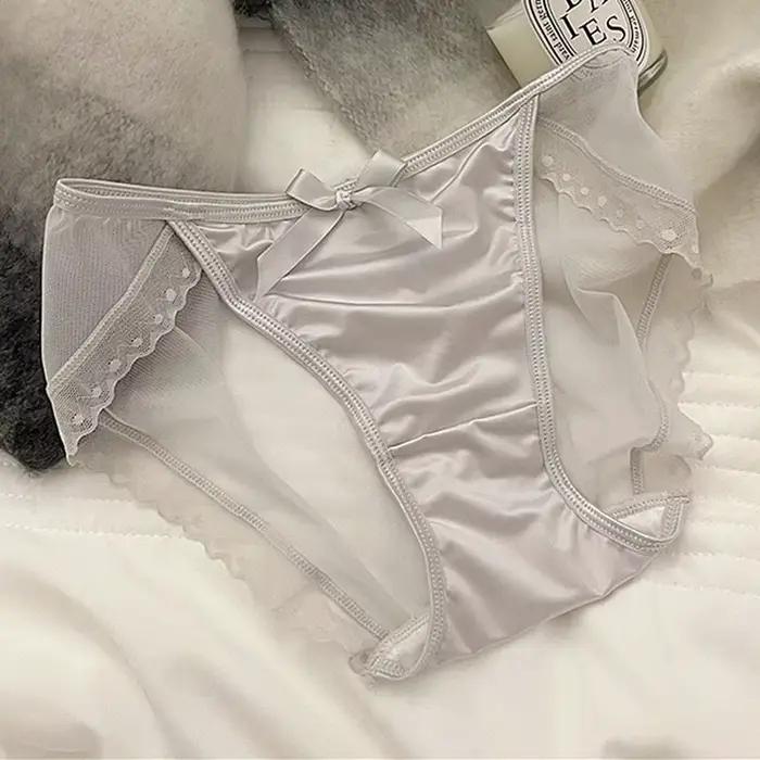 Culottes Triangle Femme avec Nœud Mignon, Dentelle Sexy Française, Texture Luxe, Satin Respirant, Maille, Entrejambe en Coton
