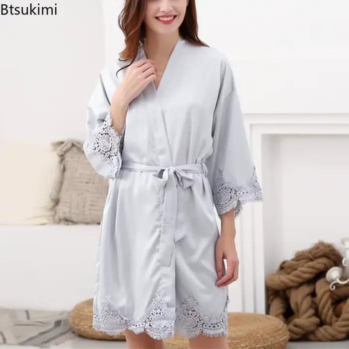 Peignoirs pour femmes, pyjama, couleur unie, dentelle, robes de mariée, demoiselles d'honneur, robes Kimono, amples, en Satin de soie, vêtements de maison
