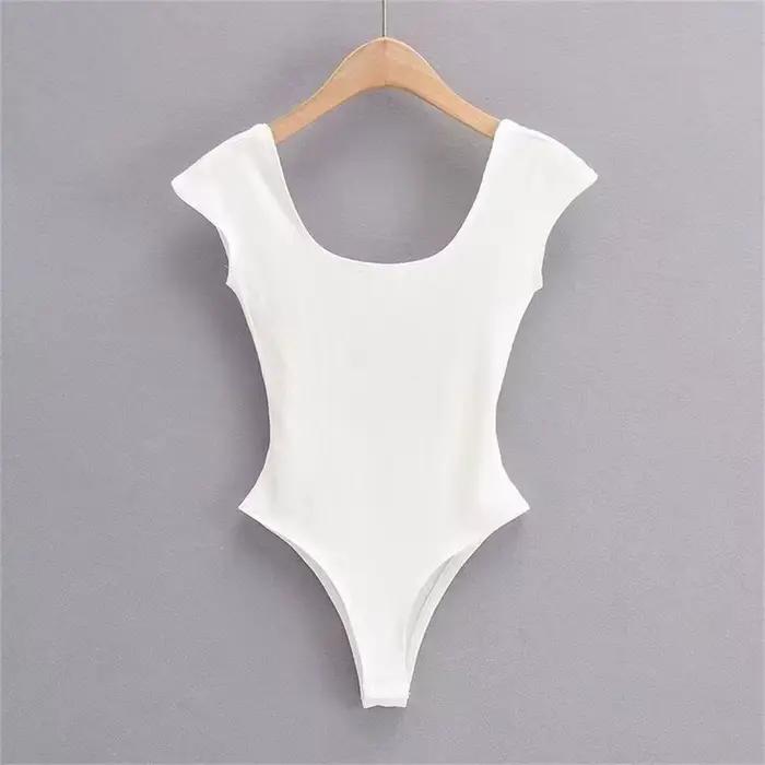 Body d'été nouveau décontracté basique chaud doux Sexy moulante col en U solide coupe ajustée à manches courtes hauts femmes serré dos nu combinaison
