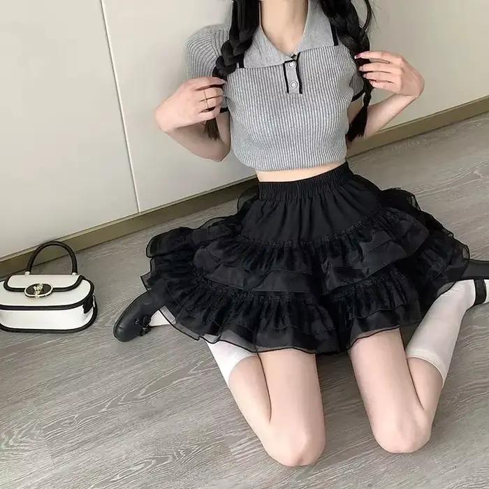 Novinka v mäkkom kórejskom ležérnom letnom trendovom bielom čipkovanom koláčiku Mini sukňa Ballet štýl vysoký pás