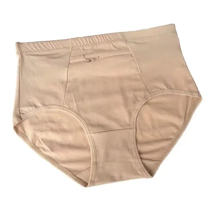 Femmes poche culottes grande taille sous-vêtements femme coton slips solide fermeture éclair Lingerie femme coton slips roman respirant dames