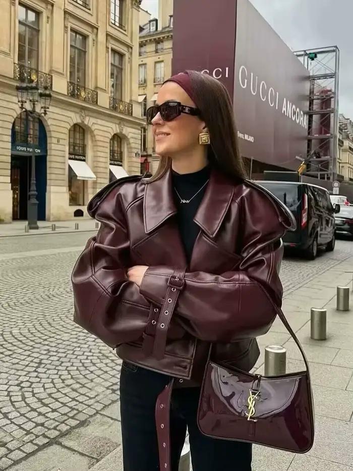 BBWM Umelá koža Bomber bunda pre ženy módna skrátená dámska streetwear vonkajšia