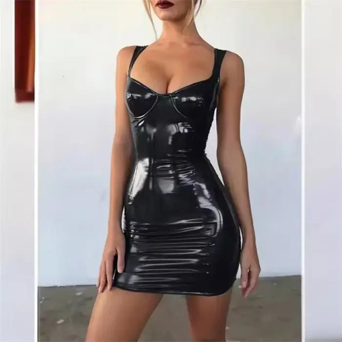 Lesklé lakované kožené šaty bez rukávov pre ženy Sexy vypasovaný strih Zavinovacie