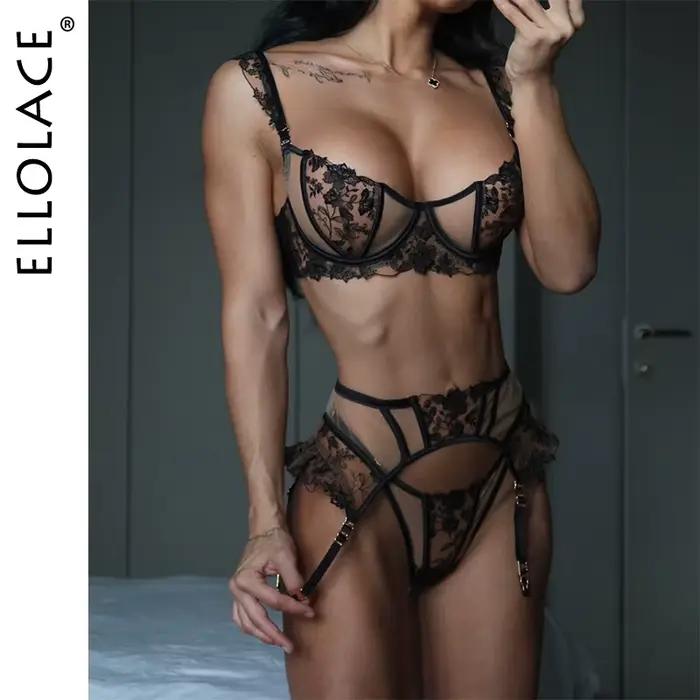 Ellolace – Ensemble de lingerie élégant pour femmes, sexy, broderie florale, soutien-gorge à volants, ceinture, string, 3 pièces, sous-vêtements sensuels ultra sexy Miss Tease