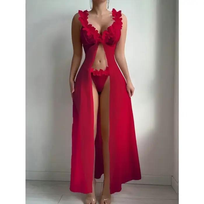 Ensemble de Nuisette Sexy en Dentelle pour Femme, Style Robe Longue, avec Bretelles à Armatures, Motif Floral Transparent, Design Séduisant, Ensemble Audacieux à Bretelles Croisées