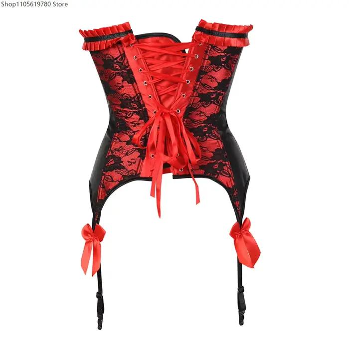 Corset bustier à volants pour femme, style vintage, en dentelle et satin, avec nœud et jarretelles, gaine amincissante, tenue de cosplay, scène, fête, performance