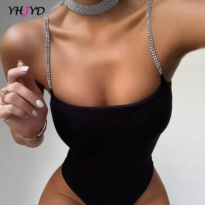 Body Sexy pour femmes, noir et blanc, strass, bretelles Spaghetti, jambes hautes, sans manches, hauts d'été, tenues de fête élégantes