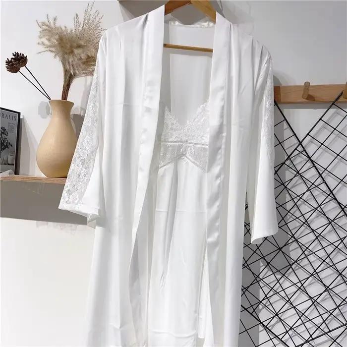 Ensemble de vêtements de nuit en Satin pour femmes, 2 pièces, Robe de mariée blanche, demoiselle d'honneur, garniture en dentelle, vêtements de nuit Sexy pour femmes, peignoir décontracté, vêtements d