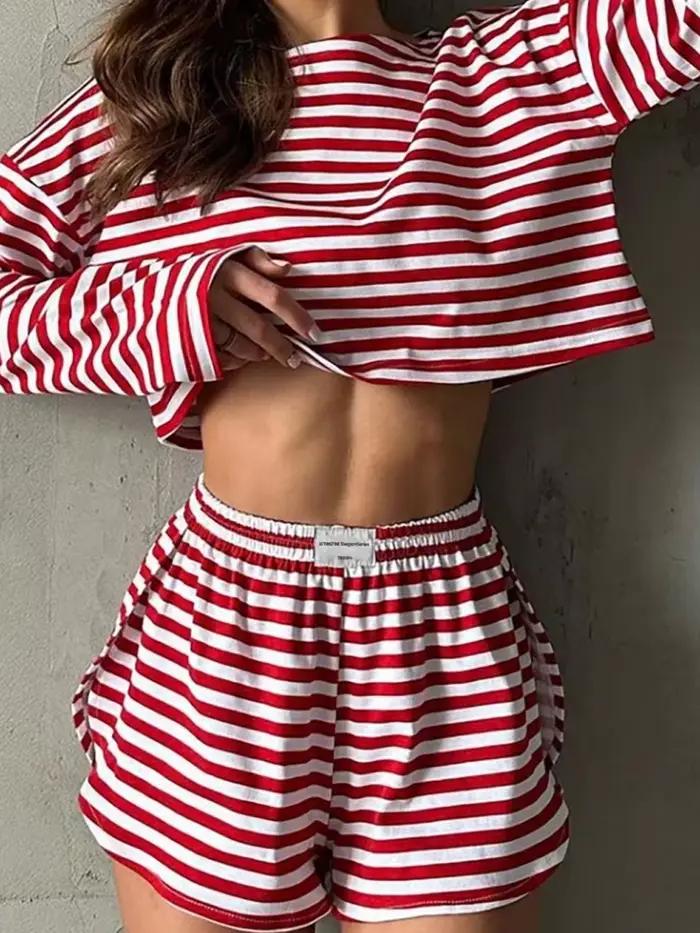 Ensemble de pyjamas légers pour femmes, style élégant, col rond, shorts courts, motifs rayés, pour le sommeil et la détente été