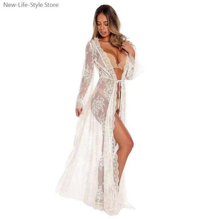 Chemise de nuit longue transparente en dentelle blanche, Robe de demoiselle d'honneur pour femmes, Style Kimono Sexy, vêtements de nuit, peignoir de mariée, Lingerie Sexy, vêtements de nuit