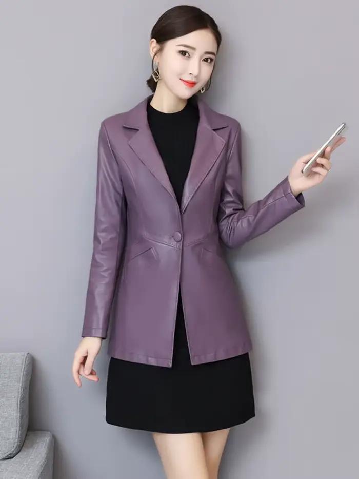 Nová dámska kožená bunda Jeseň Zima Móda Klasický Jednogombíkový Slim Blazer z ovčej kože Jar Oblečenie