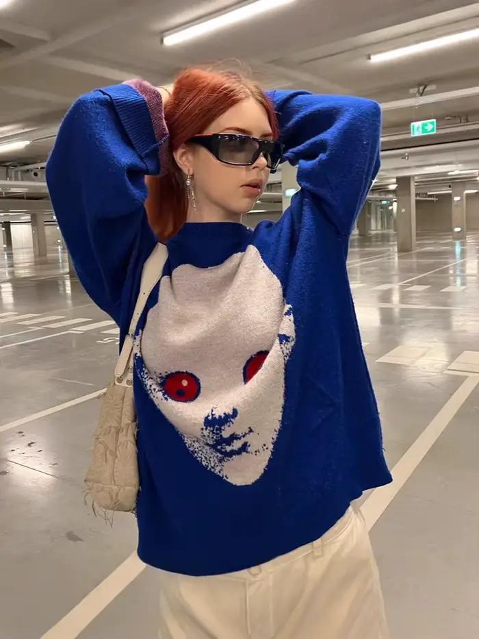 Y2K zimný sveter s grafikou Streetwear pre ženy Vintage