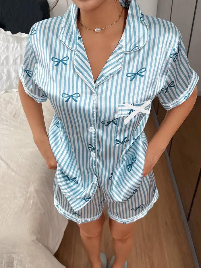 Pyjama pour femmes, ensemble de pyjama en fausse soie rayée avec nœud papillon, manches courtes, shorts, vêtements de nuit pour femmes, ensembles de pyjama