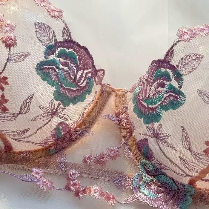 Ensemble soutien-gorge et culotte brodés pour femme, couleur pastel, avec armatures, bonnet supérieur fin, sans couture, pour usage quotidien